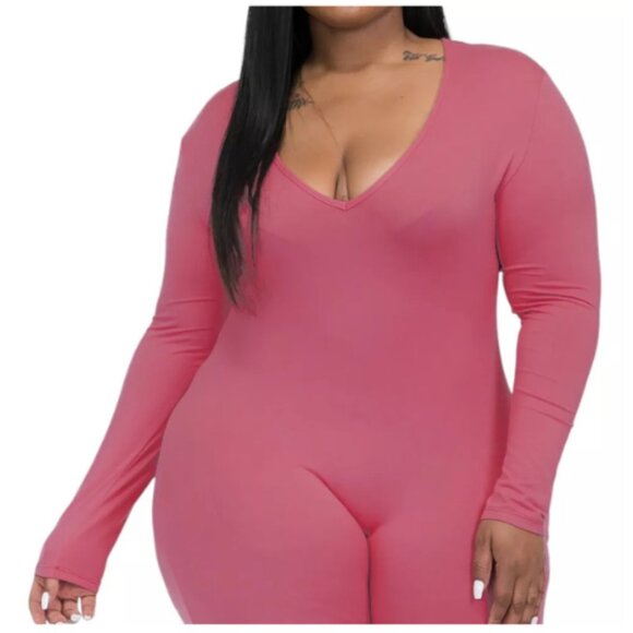 Women’s Plus Size V-Neck Bodycon Romper, Long Sleeves, Soft and Stretchy Size 1X - Picture 2 of 2